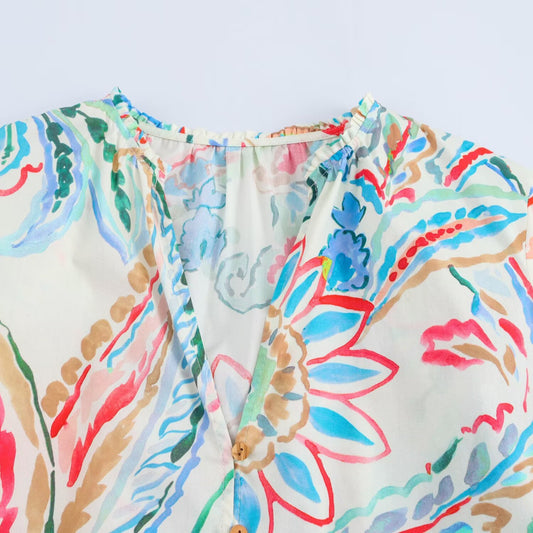 Fashionable loose poplin printed long sleeved shirt