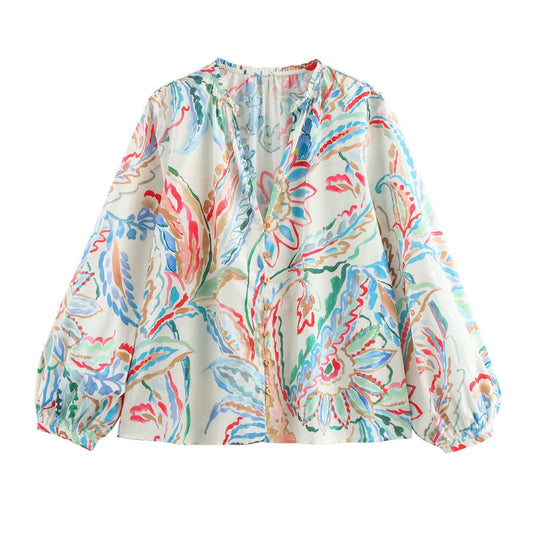 Fashionable loose poplin printed long sleeved shirt