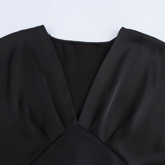 Wrinkled V-neck satin texture MIDI dress
