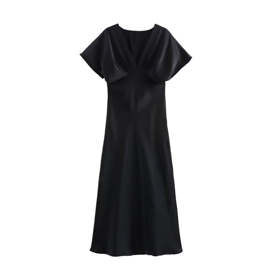 Wrinkled V-neck satin texture MIDI dress